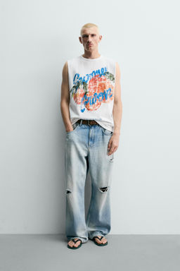 CAMISETA TANK PUNTO LAVADO ESTAMPADO / Blanco