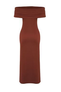 TRENDYOLMILLA Kiremit Duz Maxi Ottoman Esnek Carmen Yaka Vucuda Oturan Orme Elbise TWOSS25EL00327  фото 14