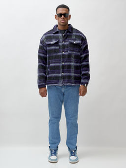 Куртка рубашка шерстяная в клетку мужская демисезонная темно-фиолетового цвета 58569TF