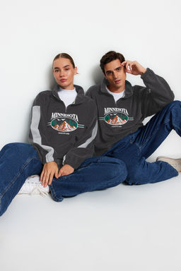 Antrasit Unisex Oversize/Genis Kesim Dik Yaka Anti-pilling Polar Sweatshirt TMNAW24SW00034