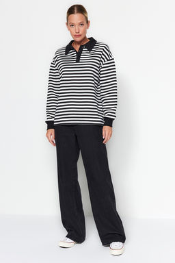 TRENDYOLMILLA Mavi Cizgili Polo Yaka Kal?n Ici Polarl? Oversize Orme Sweatshirt TWOAW24SW00344 фото 4