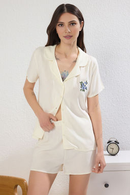 Trendyolmilla Ekru Cicek Nak?sl? Viskon Sortlu Dokuma Pijama Tak?m? THMSS25PT00260  фото 2