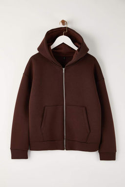 Wardrobe Essentials  Koyu Kahverengi Oversize Kapusonlu Orme Sweatshirt |TWOAW26SW00018