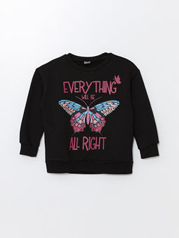 Bisiklet Yaka Bask?l? Uzun Kollu K?z ?ocuk Sweatshirt