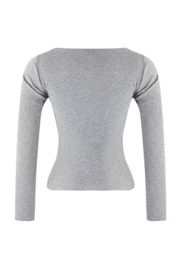 Kahverengi-Gri Melanj 2li Paket V Yaka Fitted/Vucuda Oturan Pamuklu Esnek Orme Bluz TWOAW24BZ00068