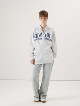 Kap??onlu Bask?l? Oversize Kad?n Kal?n Fermuarl? Sweatshirt