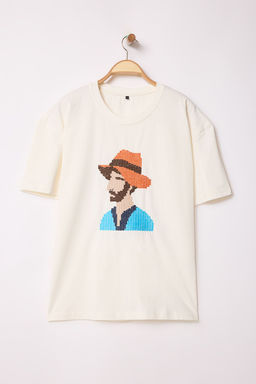 Trendyolmilla Man Ekru Oversize/Genis Kesim Nak?sl? Kal?n %100 Pamuk T-Shirt TMNSS25TS00011  фото 6