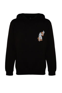 Siyah Oversize/Normal Kesim Kapusonlu S?rt Bask?l? Sweatshirt TMNAW24SW00194 - Trendyolmilla фото 5