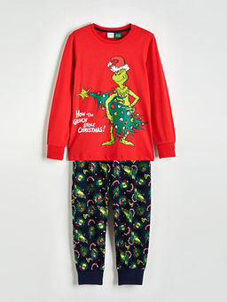 Bisiklet Yaka Grinch Bask?l? Erkek ?ocuk Pijama Tak?m?