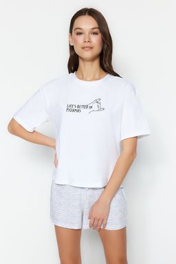 Trendyolmilla Ac?k Mavi Pamuklu Cizgili Slogan Bask?l? Sortlu Orme Pijama Tak?m? THMSS23PT00228  фото 2