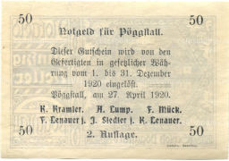 50 геллеров 1920 года Австрия Пёггшталь (нотгельд)