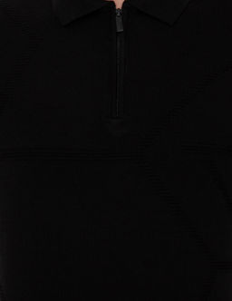 Siyah Slim Fit Fermuarl_ Polo Yaka Triko Kazak