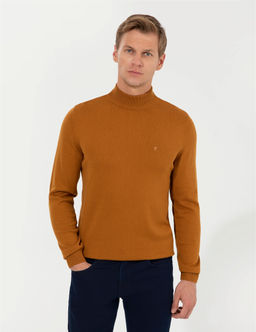 Kahverengi Slim Fit Yar_m Bal_k__ Yaka Basic Triko Kazak