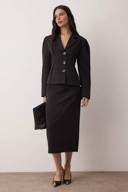 Siyah Fitted/Vucuda Oturan Dugme Aksesuarl? Dokuma Blazer Ceket TWOAW26BC00069