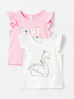 Bisiklet Yaka K?sa Kollu Bask?l? K?z Bebek Ti??rt 2li