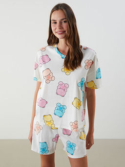 Bisiklet Yaka Desenli Kad?n ?ortlu Pijama Tak?m?