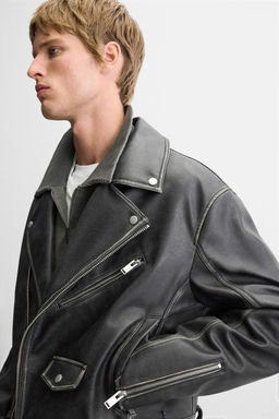 WASHED LEATHER EFFECT BIKER JACKET - Zara фото 5