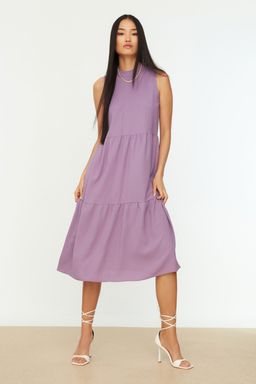 TRENDYOLMILLA Kahverengi Shift/Duz Kesim Dik Yaka Midi Dokuma Elbise TWOSS20EL1864 фото 12