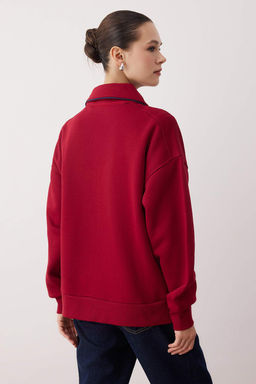 Bordo Polo Yaka Biyeli Oversize/Genis Kal?p Orme Sweatshirt TWOAW26SW00195 - Trendyolmilla фото 4