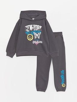 Bask?l? Uzun Kollu K?z ?ocuk Hoodie ve E?ofman Alt?