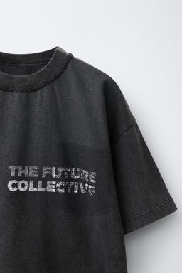 CAMISETA EFECTO LAVADO TEXTO / Gris / Azul