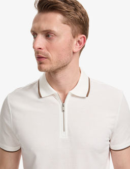 Ekru Slim Fit %100 Pamuk Fermuarl_ Polo Yaka Ti__rt