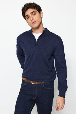 Lacivert Slim Fit Pamuklu Yar_m Bal_k__ Fermuarl_ Yaka Smart Triko Kazak TMNAW23KZ00215 - Trendyolmilla фото 2