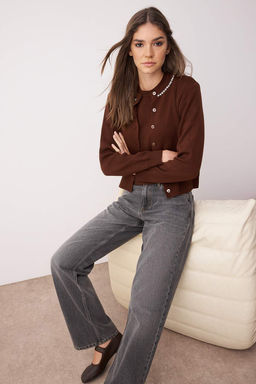 Kahverengi Mucevherli Yumusak Dokulu Ikili Triko H?rka-Bluz TWOAW26HI00007