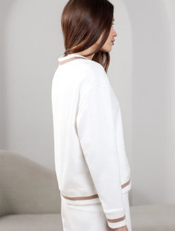 Свитшот среднего объема с V вырезом и принтом из футера двухнитки с эластаном