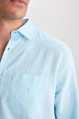 Льняная рубашка обычного кроя с воротником поло и длинными рукавами - Defacto фото 9