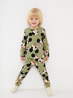 Bisiklet Yaka Uzun Kollu Mickey Mouse Bask?l? Erkek Bebek Pijama Tak?m