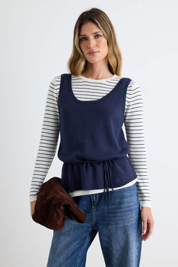 Lacivert Bisiklet Yaka Fitted Yumu_ak 2li Bluz-_st Triko Kazak TWOAW27KZ00210
