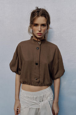 CAMISA GLOBO CON LINO / Marr?n / Topo - Zara фото 10