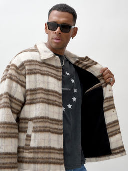 Куртка рубашка шерстяная в клетку мужская демисезонная коричневого цвета 58565K