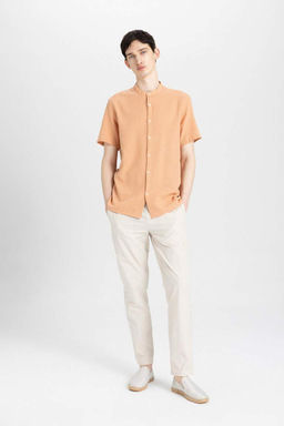 Хлопковая рубашка обычного кроя с воротником-стойкой и короткими рукавами - Defacto фото 6