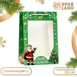 Цена за 2 шт. Пакет ламинированный подарочный с окном «Дед мороз» 24×35×14 см, зелёный