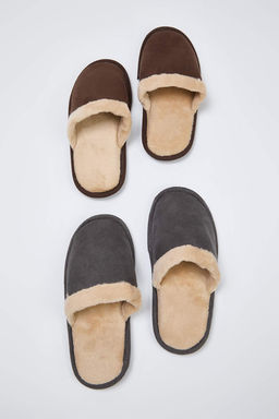 Kahverengi-Gri 2li Paket Kurk Biyeli Kad?n Ev Terlik TAKAW26ER00016