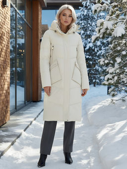 Пальто утепленное стеганное зимнее с капюшоном женское бежевого цвета 9639B - Mtforce фото 19