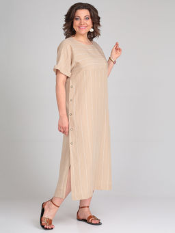 Платье длинное бежевое в белую полоску для полных - Almond фото 3