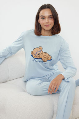 Trendyolmilla Mavi %"00 Pamuklu Ay?c?k ve Slogan Bask?l? Orme Pijama Tak?m? THMAW25PT00186