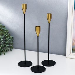 Металлический подсвечник на 1 свечу «Гало», набор 3 шт., чёрный с золотом, 8×8×22.5 см; 8×8×27.5 см; 8×8×32.5 см