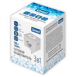 S-GES2-16SBUC WHITE Разветвитель сетевой с выключателем, с/з. 2 гнезда. 2USB+1TYPE C. 16А, 3500Вт. Белый. ТМ Uniel