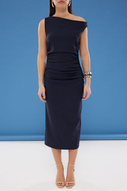 Lacivert Cizgili Vucudu Saran Midi Dokuma Elbise TWOSS25EL00264