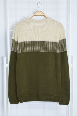 TRENDYOL MAN Bej Slim Fit Dar Kesim Bisiklet Yaka Renk Bloklu Kazak TMNAW21KZ0543 - Trendyolmilla фото 24