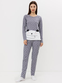 Хлопковый комплект с меховой мордочкой (джемпер и брюки) серого цвета в сердечко - Mark formelle фото 2