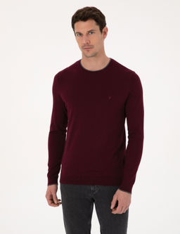 Bordo Slim Fit Pamuk Kar___ml_ Bisiklet Yaka Triko Kazak