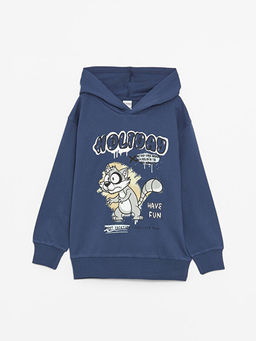Bask?l? Uzun Kollu Erkek ?ocuk Hoodie