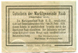 Банкнота 20 геллеров 1920 года Австрия  Рааб (нотгельд)