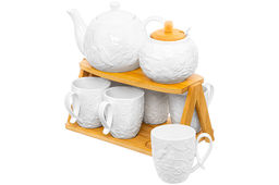 Набор - чайник + сахарница + 6 кружек "Птички на ветке" на бамбуковой подставке