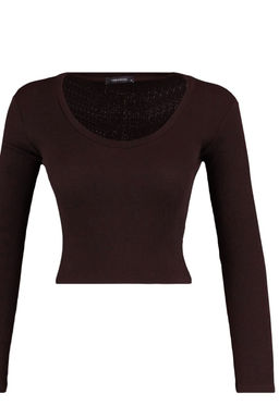 Trendyolmilla Kahverengi-Bej 2li Paket Crop Fitted/Vucuda Oturan V Yaka Fitilli Esnek Orme Bluz TWOAW22BZ0129